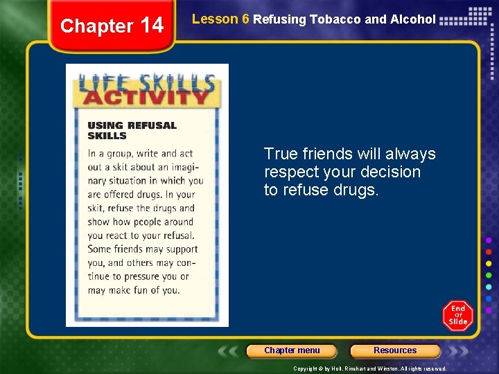 Chapter 14 Lesson 6 Refusing Tobacco and Alcohol True friends will always respect your
