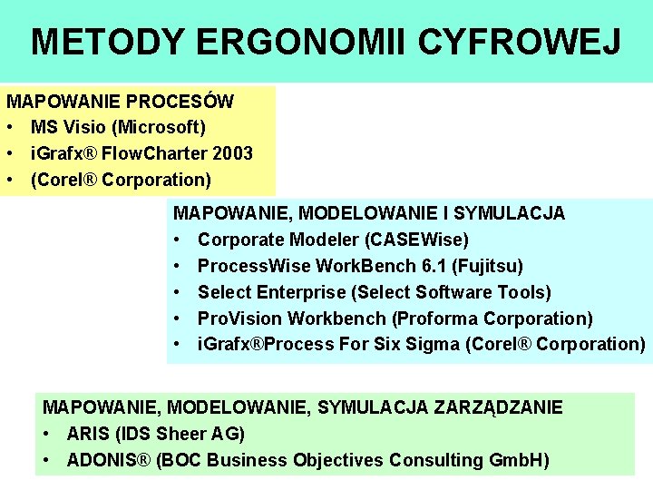 METODY ERGONOMII CYFROWEJ MAPOWANIE PROCESÓW • MS Visio (Microsoft) • i. Grafx® Flow. Charter