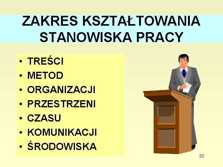 ZAKRES KSZTAŁTOWANIA STANOWISKA PRACY • • TREŚCI METOD ORGANIZACJI PRZESTRZENI CZASU KOMUNIKACJI ŚRODOWISKA 32