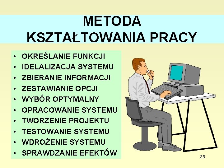 METODA KSZTAŁTOWANIA PRACY • • • OKREŚLANIE FUNKCJI IDELALIZACJA SYSTEMU ZBIERANIE INFORMACJI ZESTAWIANIE OPCJI