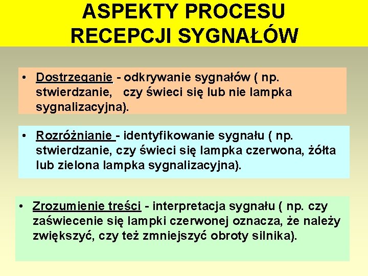 ASPEKTY PROCESU RECEPCJI SYGNAŁÓW • Dostrzeganie - odkrywanie sygnałów ( np. stwierdzanie, czy świeci