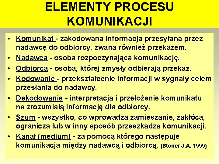 ELEMENTY PROCESU KOMUNIKACJI • Komunikat - zakodowana informacja przesyłana przez nadawcę do odbiorcy, zwana