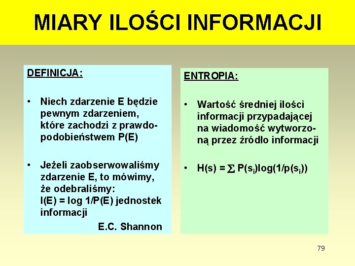 MIARY ILOŚCI INFORMACJI DEFINICJA: ENTROPIA: • Niech zdarzenie E będzie pewnym zdarzeniem, które zachodzi