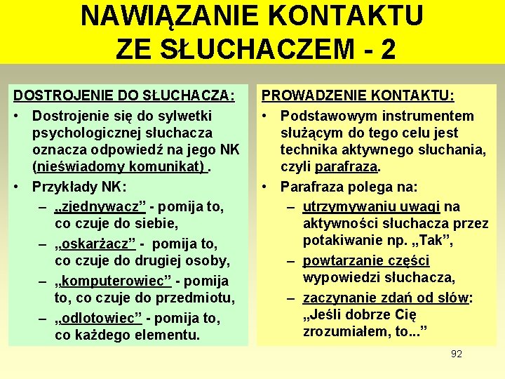 NAWIĄZANIE KONTAKTU ZE SŁUCHACZEM - 2 DOSTROJENIE DO SŁUCHACZA: • Dostrojenie się do sylwetki