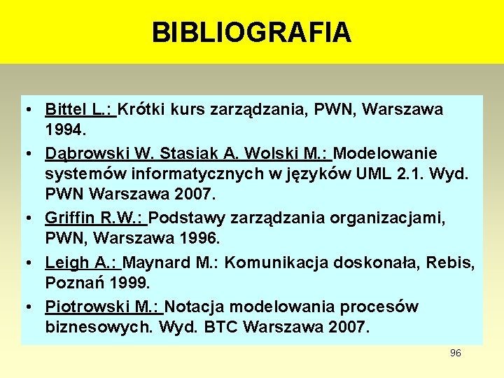 BIBLIOGRAFIA • Bittel L. : Krótki kurs zarządzania, PWN, Warszawa 1994. • Dąbrowski W.