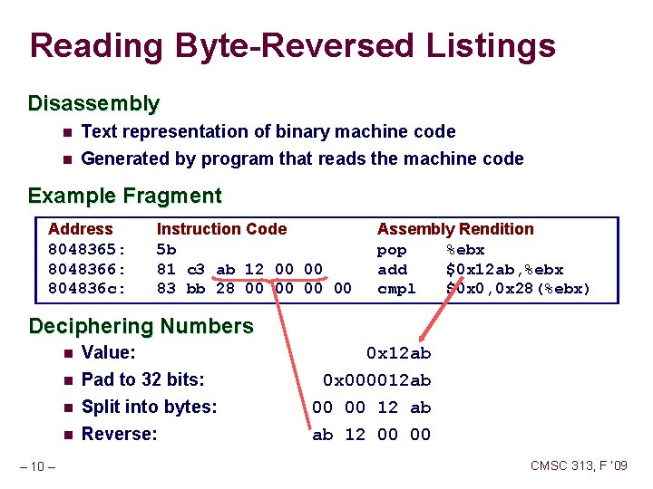 Reading Byte-Reversed Listings Disassembly n Text representation of binary machine code n Generated by