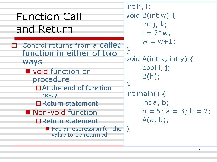 int h, i; void B(int w) { Function Call int j, k; and Return int h, i; void B(int w) { Function Call int j, k; and Return