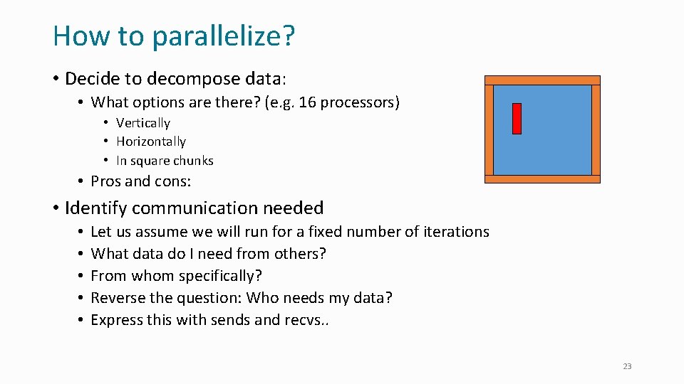 How to parallelize? • Decide to decompose data: • What options are there? (e.