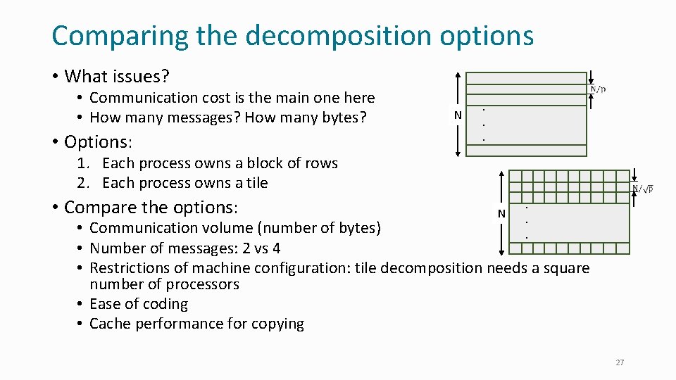 Comparing the decomposition options • What issues? • Communication cost is the main one