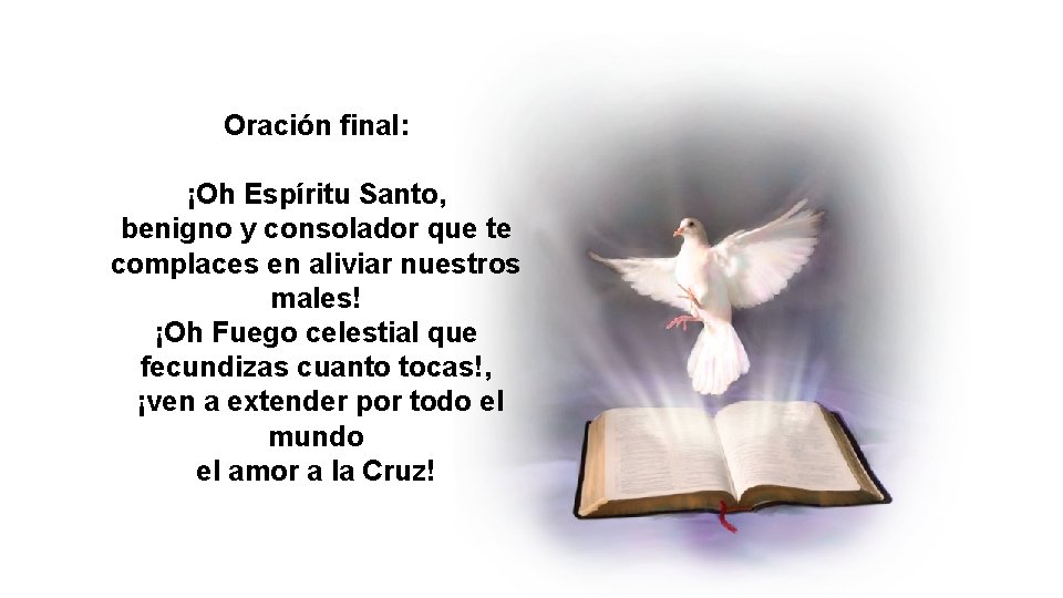 Oración final: ¡Oh Espíritu Santo, benigno y consolador que te complaces en aliviar nuestros