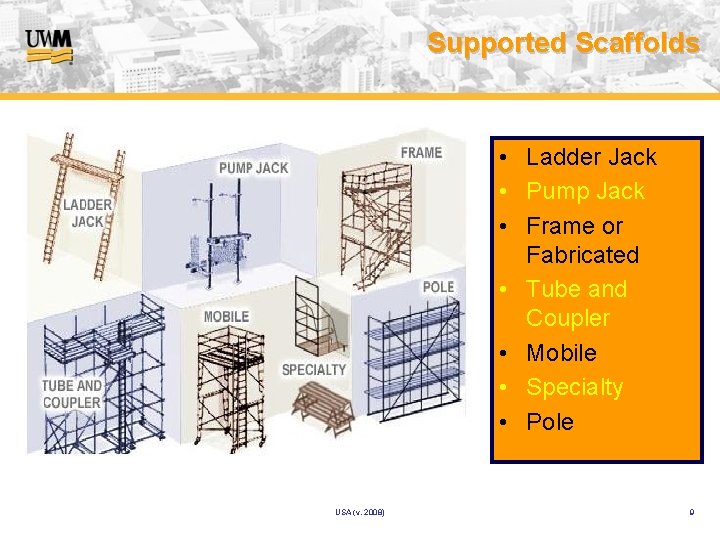 Supported Scaffolds • Ladder Jack • Pump Jack • Frame or Fabricated • Tube