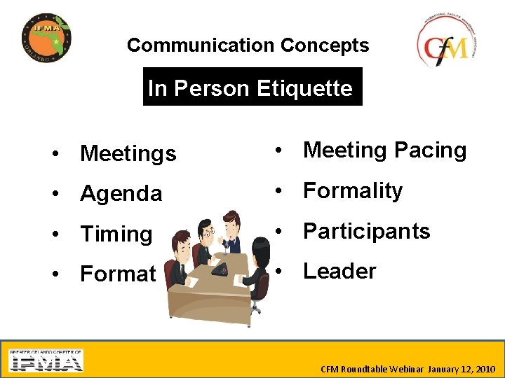 Communication Concepts In Person Etiquette • Meetings • Meeting Pacing • Agenda • Formality