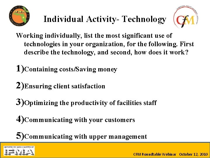 Individual Activity- Technology Working individually, list the most significant use of technologies in your
