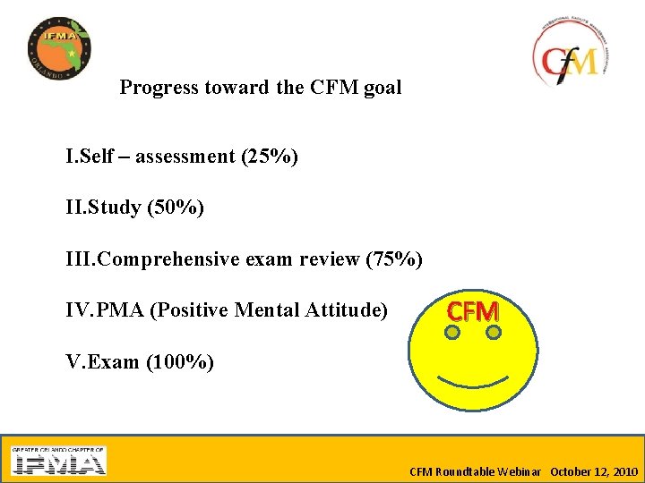 Progress toward the CFM goal I. Self – assessment (25%) II. Study (50%) III.