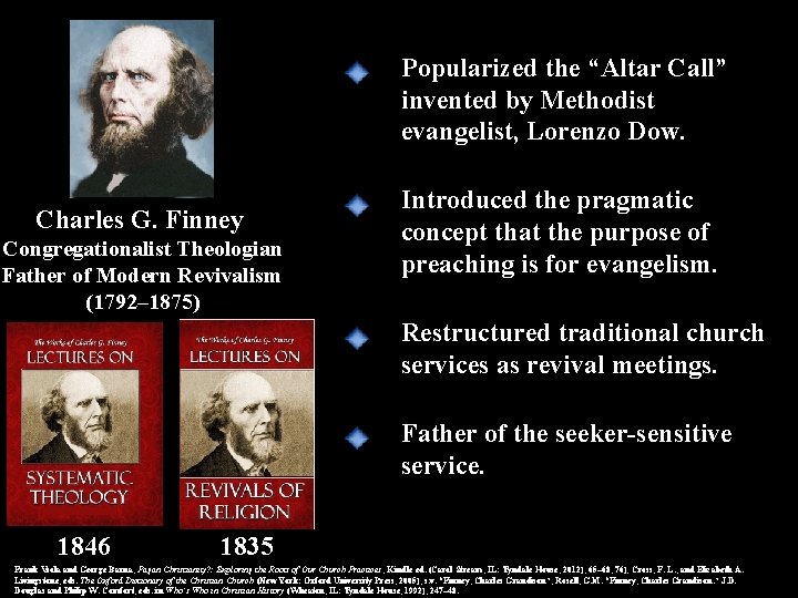 Popularized the “Altar Call” invented by Methodist evangelist, Lorenzo Dow. Charles G. Finney Congregationalist