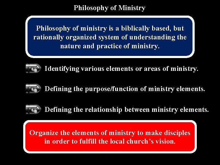 Philosophy of Ministry Philosophy of ministry is a biblically based, but rationally organized system