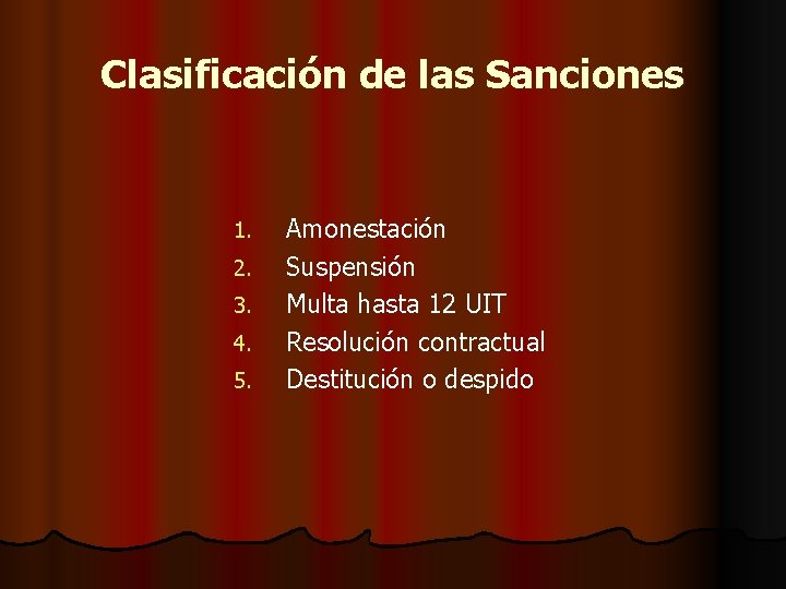 Clasificación de las Sanciones 1. 2. 3. 4. 5. Amonestación Suspensión Multa hasta 12