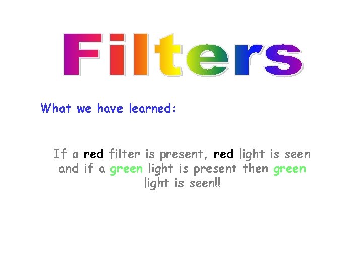 What we have learned: If a red filter is present, red light is seen