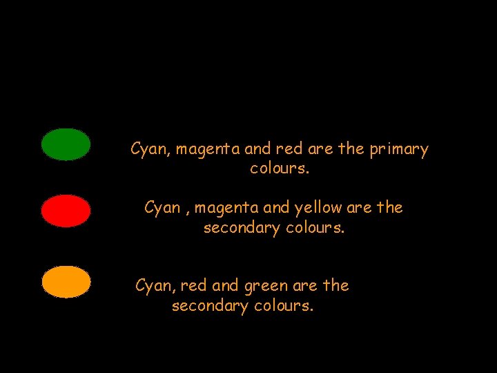 Cyan, magenta and red are the primary colours. Cyan , magenta and yellow are