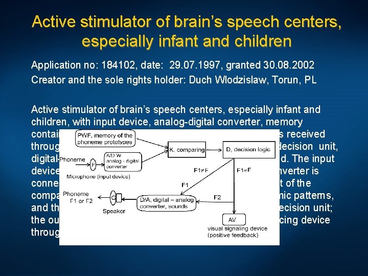 Active stimulator of brain’s speech centers, especially infant and children Application no: 184102, date: