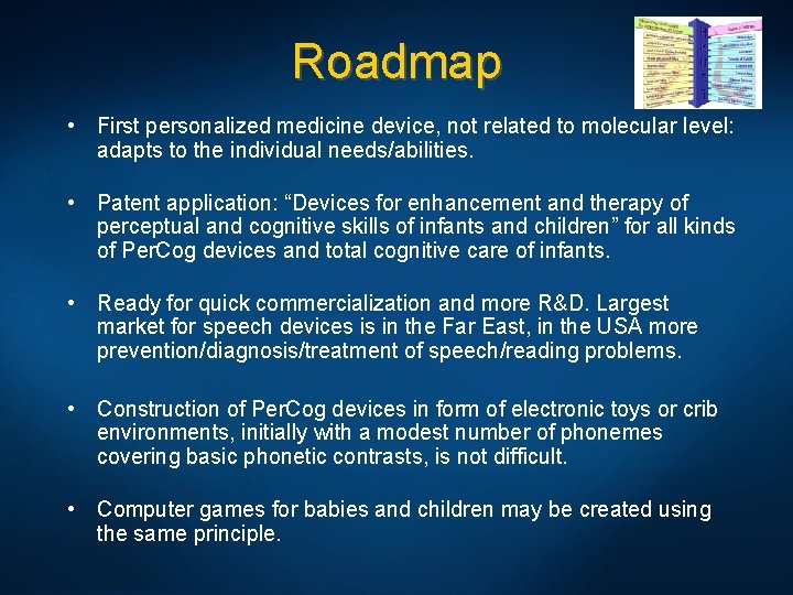 Roadmap • First personalized medicine device, not related to molecular level: adapts to the