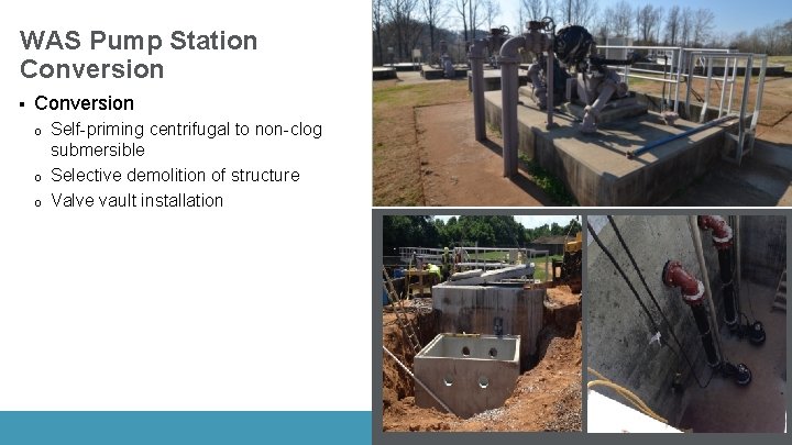 WAS Pump Station Conversion § Conversion o o o Self-priming centrifugal to non-clog submersible