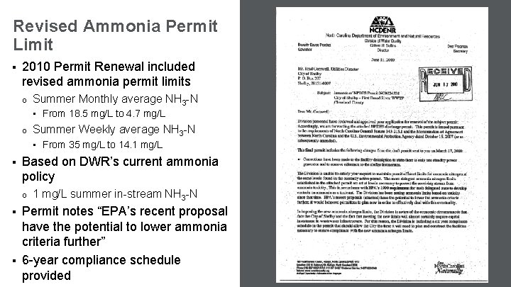 Revised Ammonia Permit Limit § 2010 Permit Renewal included revised ammonia permit limits o