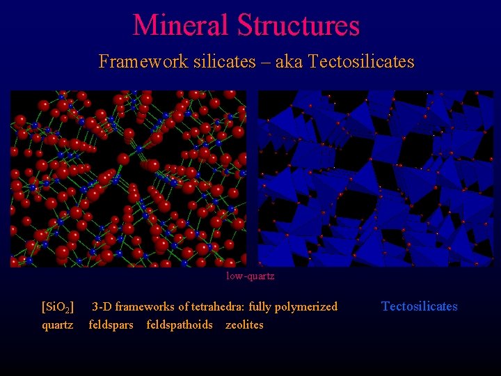 Mineral Structures Framework silicates – aka Tectosilicates low-quartz [Si. O 2] quartz 3 -D