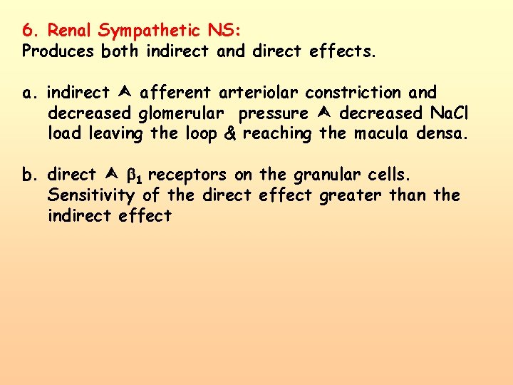 6. Renal Sympathetic NS: Produces both indirect and direct effects. a. indirect afferent arteriolar 6. Renal Sympathetic NS: Produces both indirect and direct effects. a. indirect afferent arteriolar