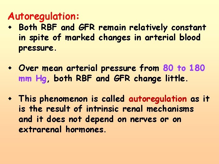 Autoregulation: w Both RBF and GFR remain relatively constant in spite of marked changes