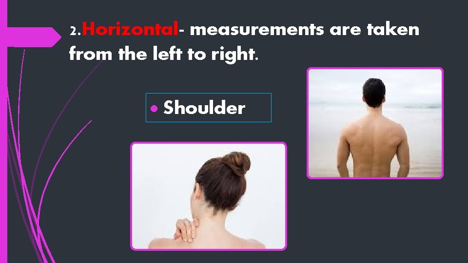 2. Horizontal- measurements are taken from the left to right. Shoulder 