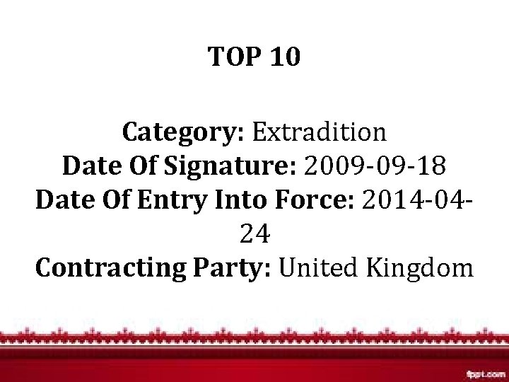 TOP 10 Category: Extradition Date Of Signature: 2009 -09 -18 Date Of Entry Into