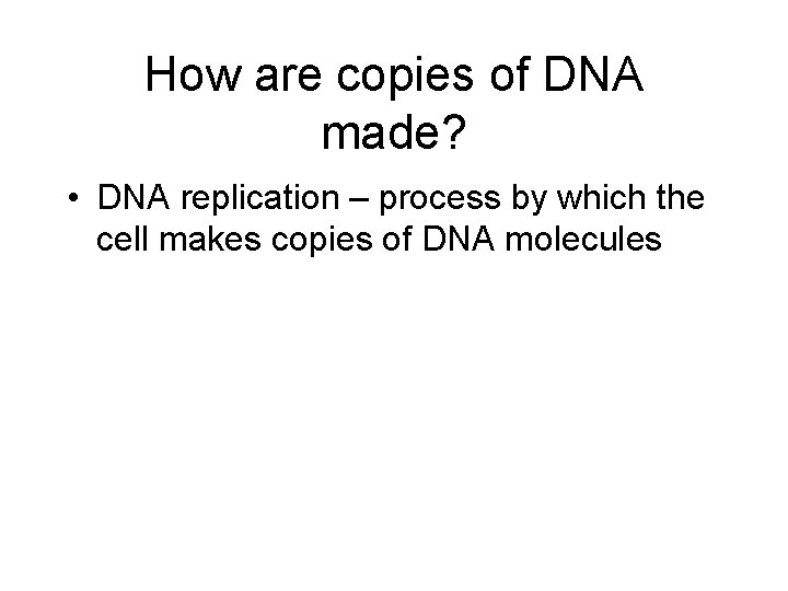 How are copies of DNA made? • DNA replication – process by which the