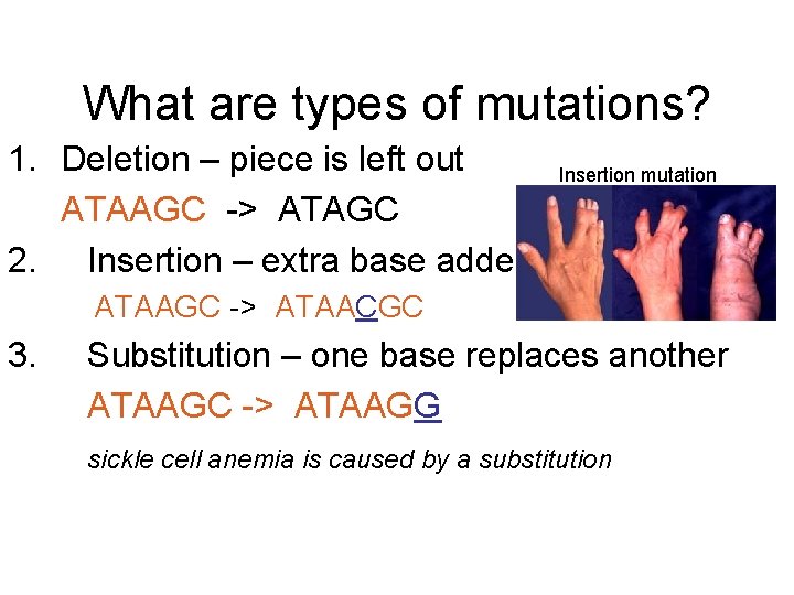 What are types of mutations? 1. Deletion – piece is left out ATAAGC ->