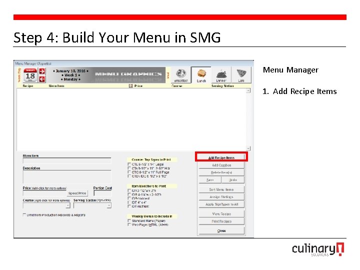 Step 4: Build Your Menu in SMG Menu Manager 1. Add Recipe Items 