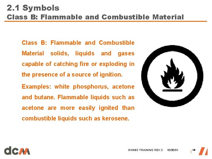 2. 1 Symbols Class B: Flammable and Combustible Material solids, liquids and gases capable