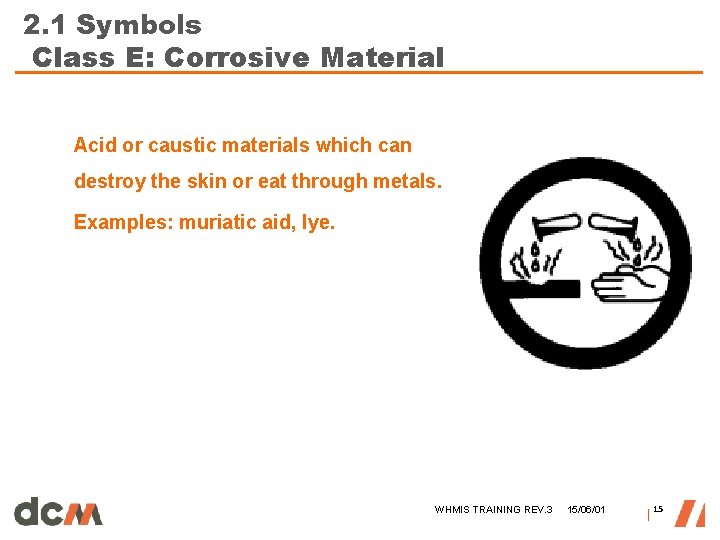 2. 1 Symbols Class E: Corrosive Material Acid or caustic materials which can destroy