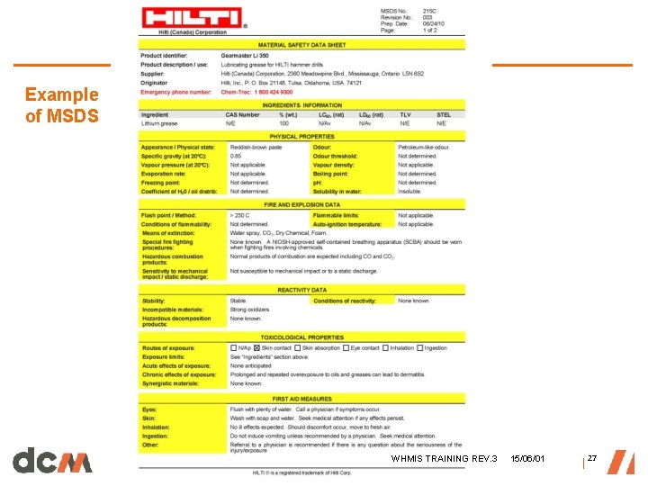 Example of MSDS WHMIS TRAINING REV. 3 15/06/01 │ 27 