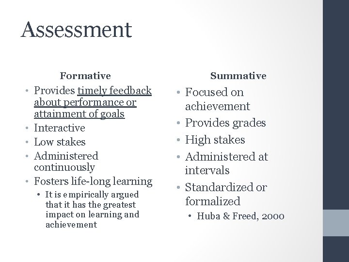 Assessment Formative • Provides timely feedback about performance or attainment of goals • Interactive