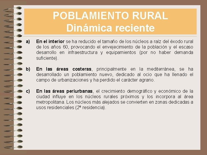 POBLAMIENTO RURAL Dinámica reciente a) En el interior se ha reducido el tamaño de