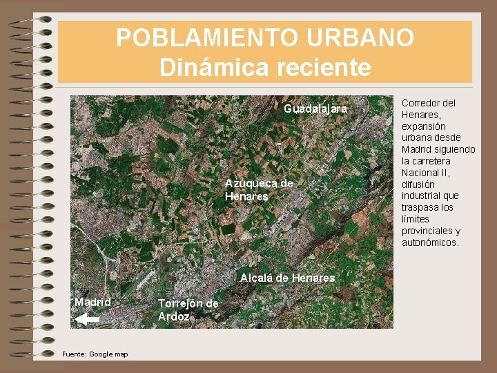 POBLAMIENTO URBANO Dinámica reciente Guadalajara Azuqueca de Henares Alcalá de Henares Madrid Fuente: Google