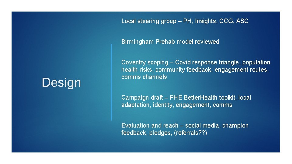 Local steering group – PH, Insights, CCG, ASC Birmingham Prehab model reviewed Design Coventry
