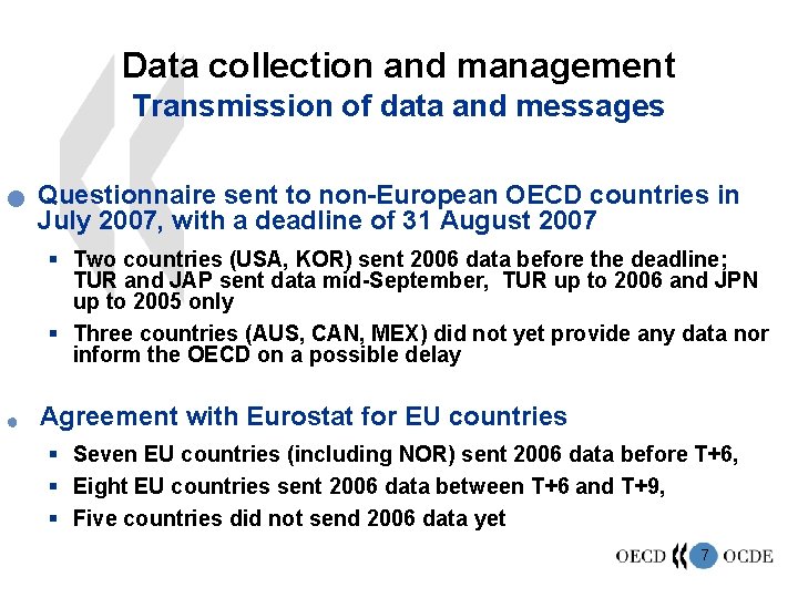 Data collection and management Transmission of data and messages n Questionnaire sent to non-European