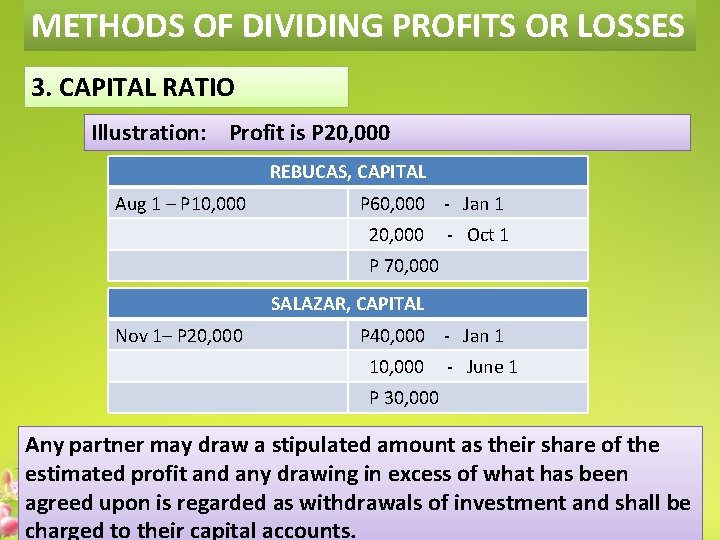 METHODS OF DIVIDING PROFITS OR LOSSES 3. CAPITAL RATIO Illustration: Profit is P 20,