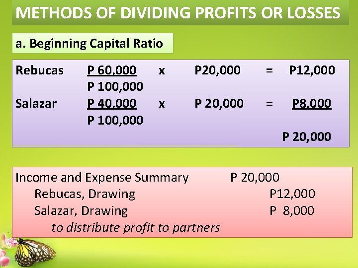 METHODS OF DIVIDING PROFITS OR LOSSES a. Beginning Capital Ratio Rebucas Salazar P 60,