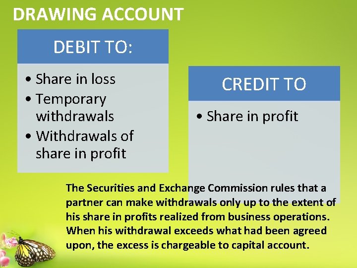 DRAWING ACCOUNT DEBIT TO: • Share in loss • Temporary withdrawals • Withdrawals of