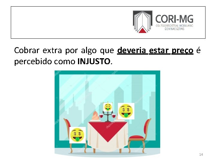 Cobrar extra por algo que deveria estar preço é percebido como INJUSTO. 14 