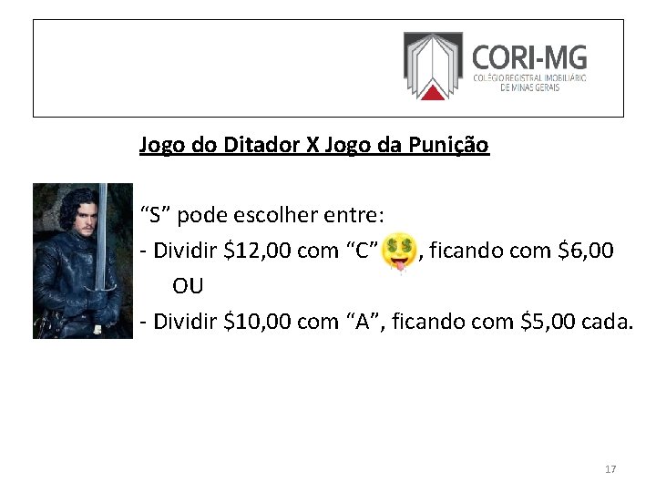 Jogo do Ditador X Jogo da Punição “S” pode escolher entre: - Dividir $12,