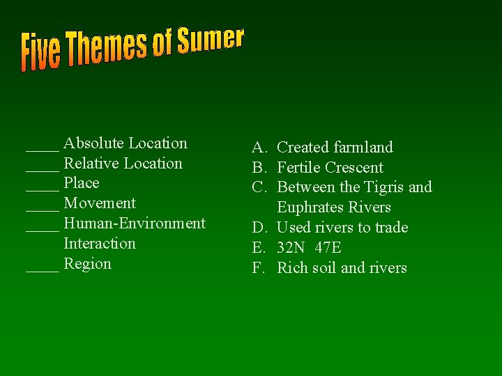 ____ Absolute Location ____ Relative Location ____ Place ____ Movement ____ Human-Environment Interaction ____