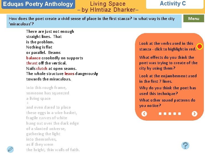Eduqas Poetry Anthology Living Space – by HImtiaz Dharker– Activity C How does the